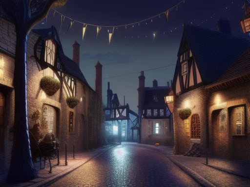 614139542-the street of amedieval fantasy town, at night, 4k, highly detailed.webp